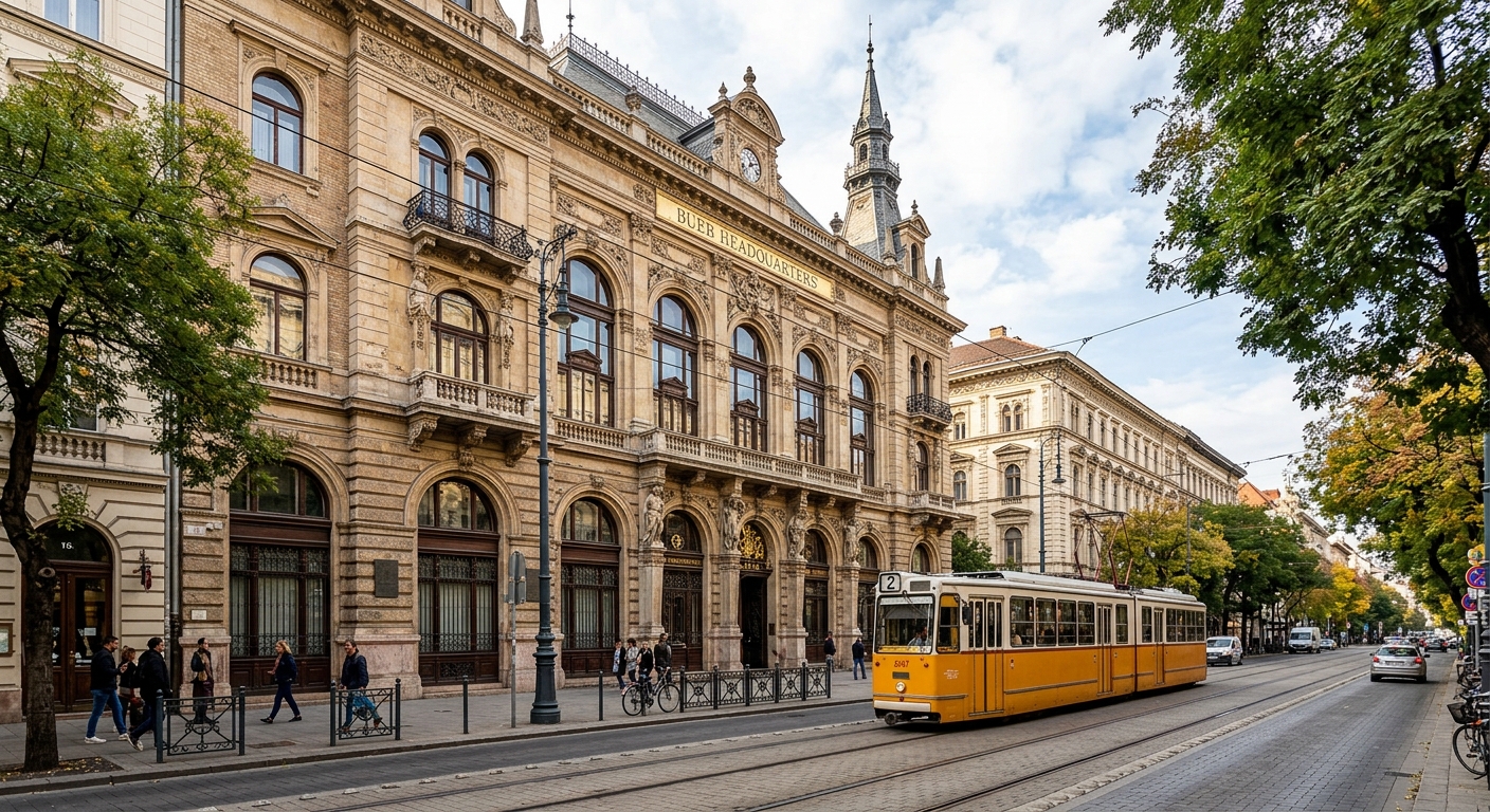 Classic European building on Marko Street in Budapest District V, BUEB headquarters, ornate facade, arched windows, tree-lined street with tram tracks