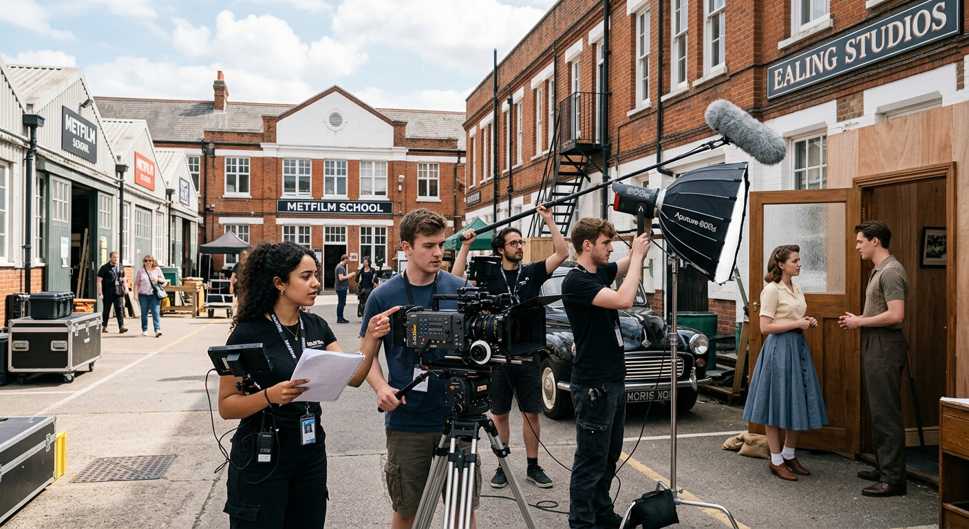 MetFilm School campus at Ealing Studios in West London, students collaborating on a film set with professional cameras and lighting equipment, historic studio buildings in the background, creative atmosphere