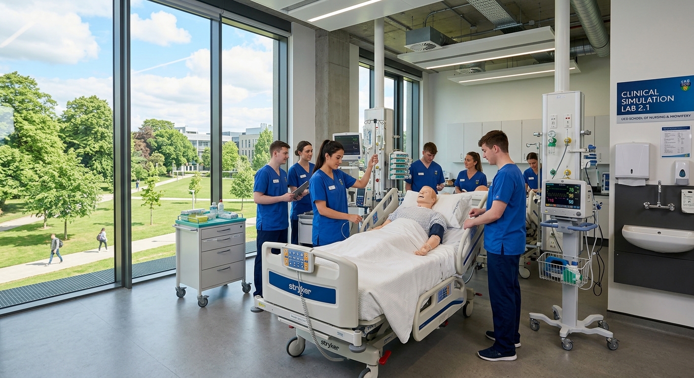 Modern university health sciences building at University College Dublin Belfield campus, nursing students in clinical simulation lab with medical equipment, bright natural lighting through large windows, green parkland visible outside