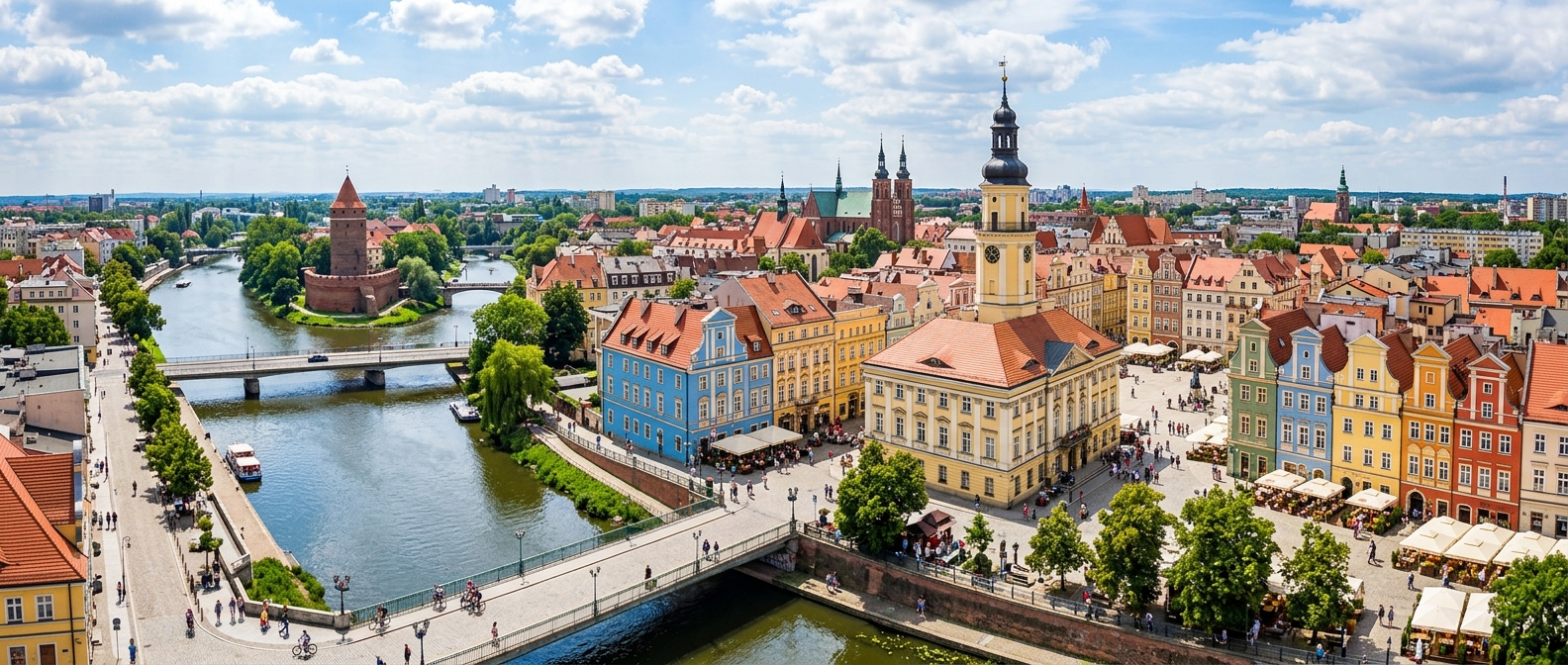 Panoramic view of Opole city center with the historic Rynek main square, colorful Baroque townhouses, the neoclassical Town Hall, Piast Tower, and the Oder River flowing through the city under a bright sky