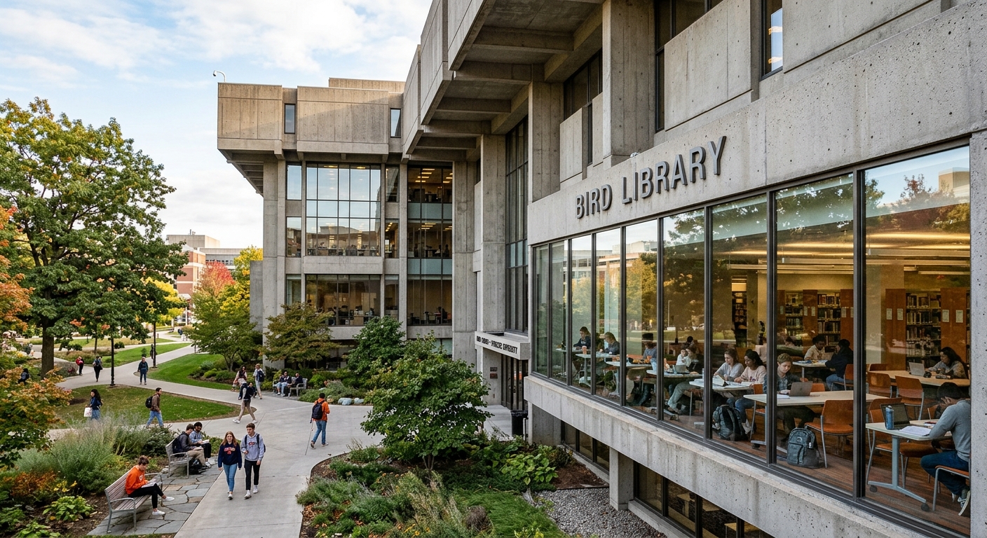 Bird Library at Syracuse University, modern brutalist architecture, students studying near large glass windows, landscaped courtyard