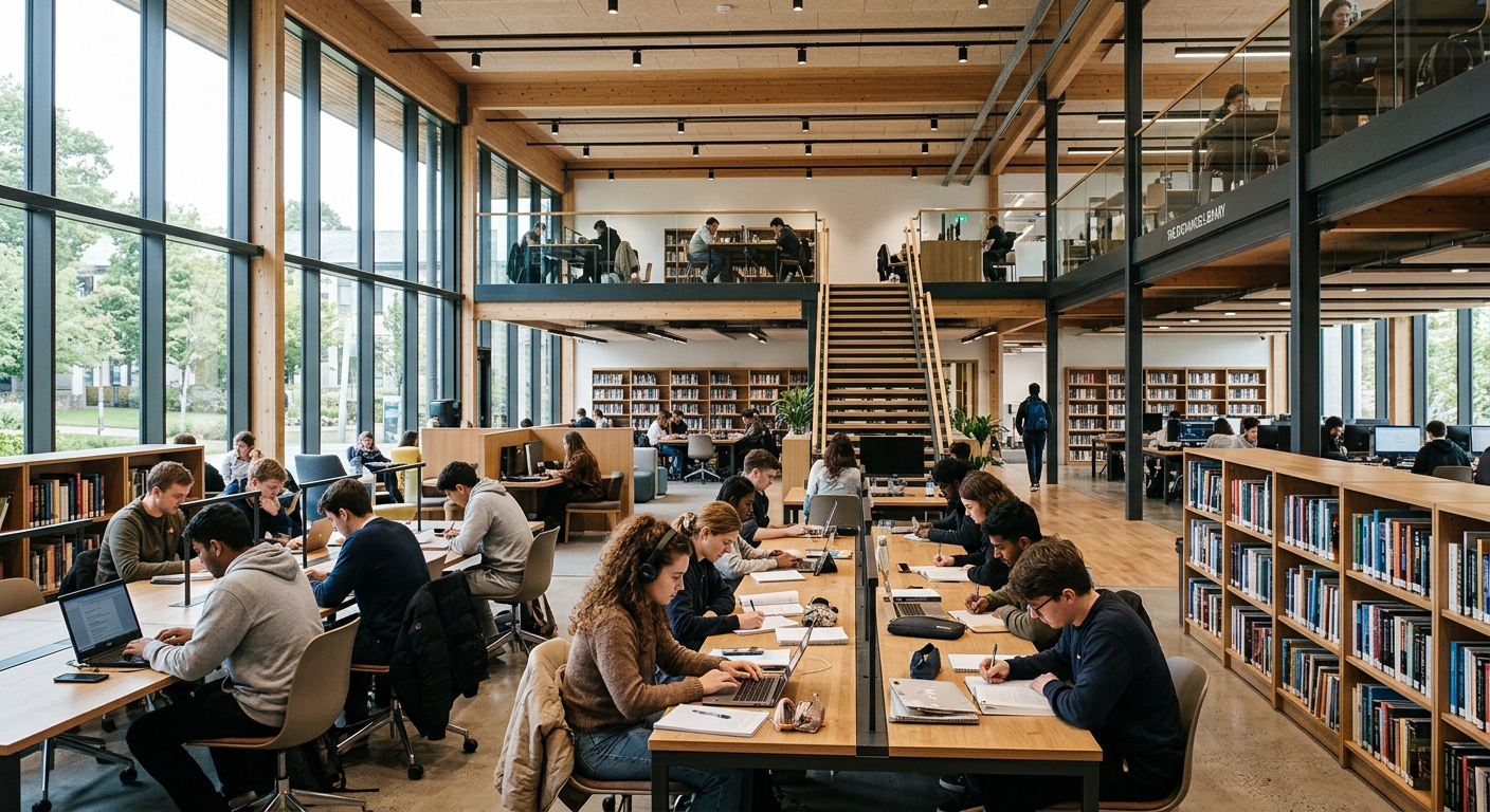 Interior of The Exchange library at Falmouth University, modern open-plan learning space with natural light, students studying at desks surrounded by books and digital resources