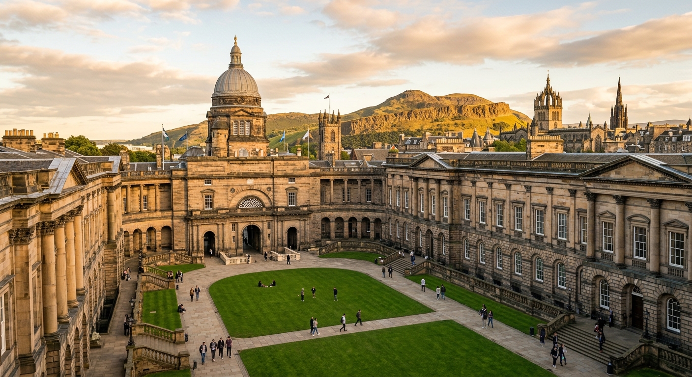 University of Edinburgh Old College quadrangle with historic neoclassical architecture, green lawn courtyard, Edinburgh skyline with Arthur's Seat in the background, soft golden afternoon light
