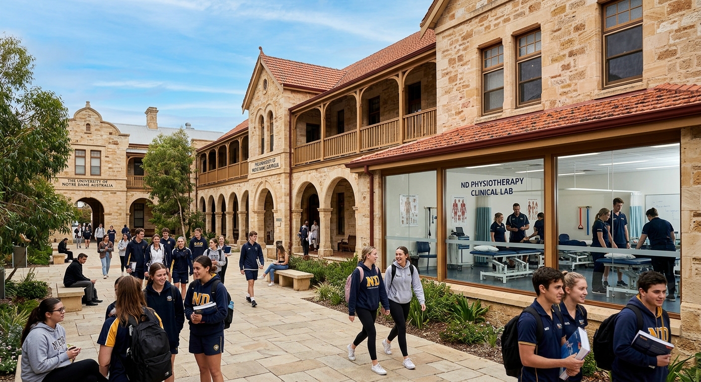 University of Notre Dame Australia Fremantle campus with heritage colonial-era sandstone buildings, students walking through courtyard, Western Australian blue sky, physiotherapy clinical lab visible through windows