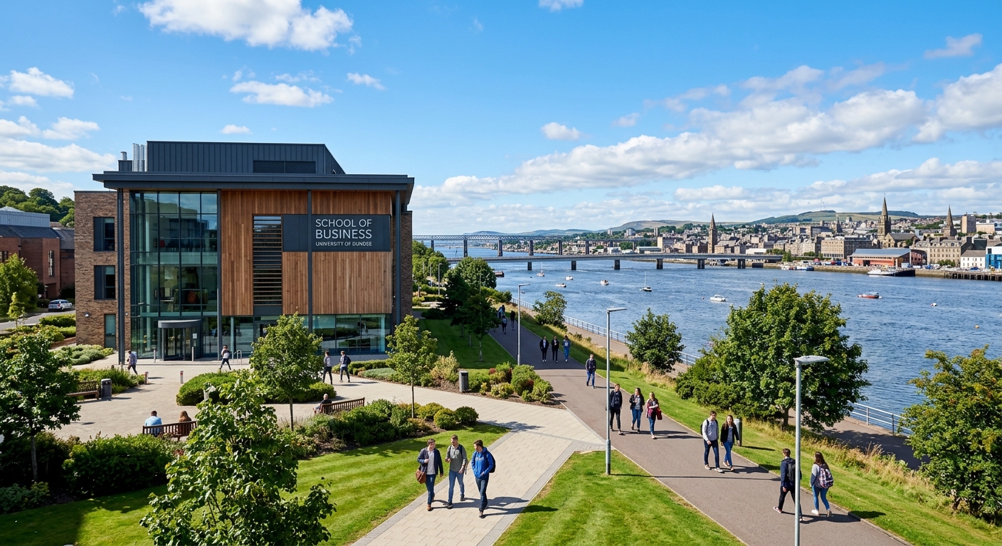 University of Dundee campus with modern School of Business building, students walking along pathways near the River Tay, Scottish cityscape in background with blue sky