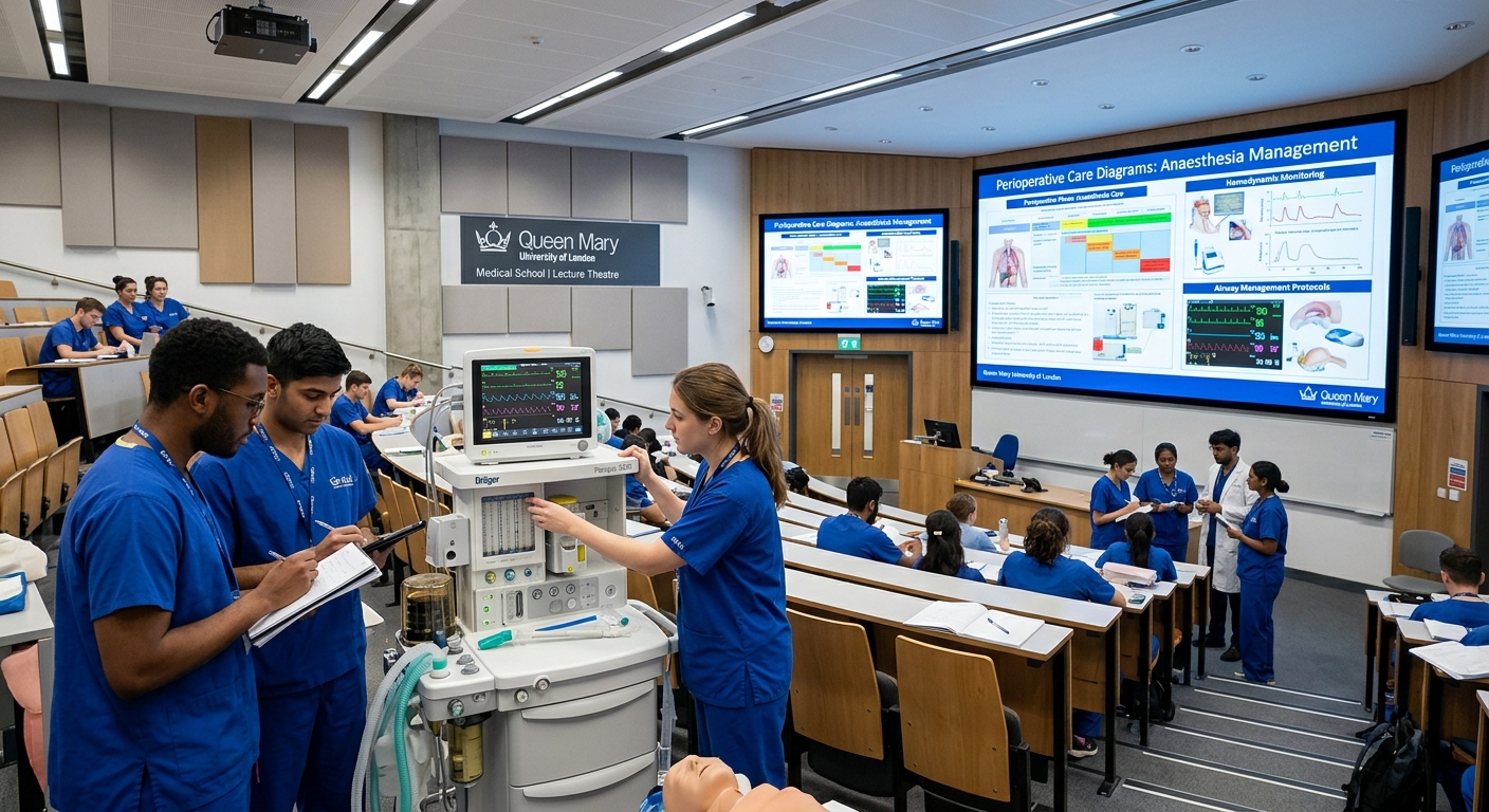 Modern medical lecture theatre at Queen Mary University of London, students in clinical attire studying anaesthesia equipment, large digital screens displaying perioperative care diagrams, bright institutional lighting
