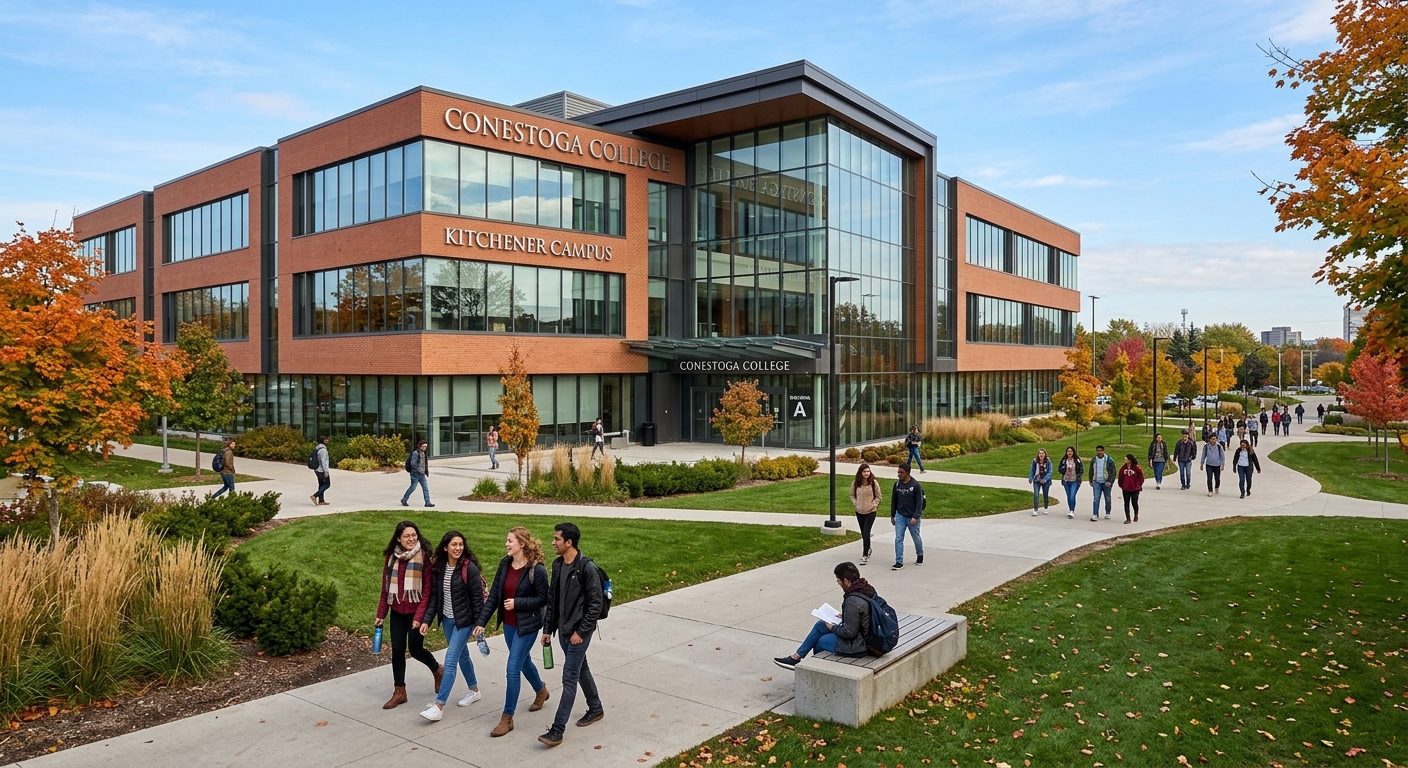 Modern Conestoga College campus building in Kitchener Ontario with students walking along pathways, contemporary glass and brick architecture, Canadian college campus in autumn with green lawns and trees