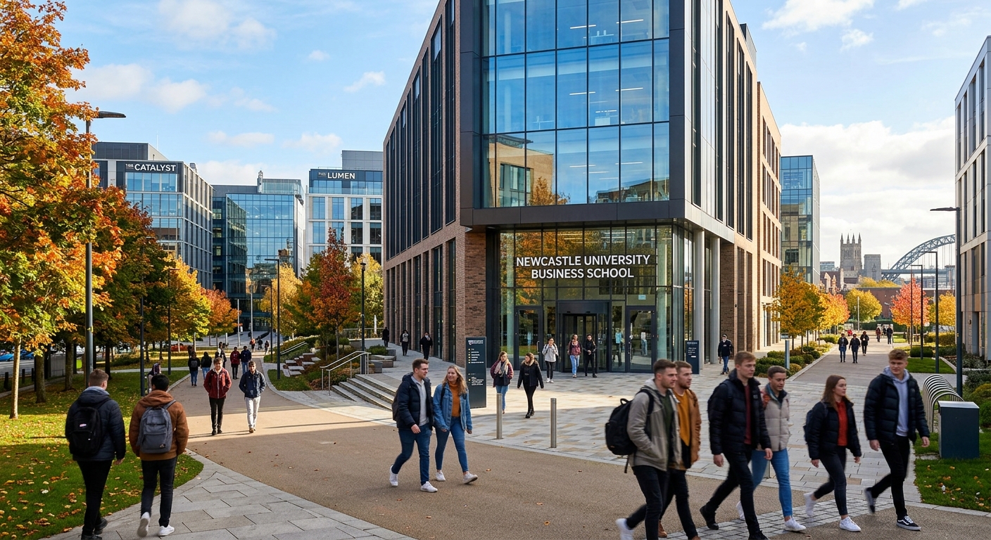 Modern Newcastle University Business School building exterior with glass facade, students walking on campus pathways, Newcastle Helix innovation district visible in background, bright autumn day in Newcastle upon Tyne