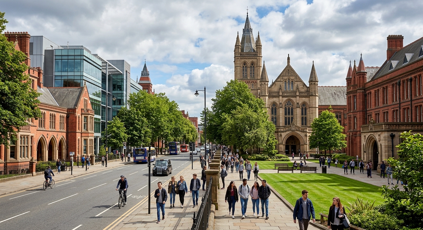 The University of Manchester campus with red-brick Victorian buildings and modern science facilities, students walking along tree-lined Oxford Road, green lawns and the iconic Whitworth Hall in the background under a partly cloudy British sky