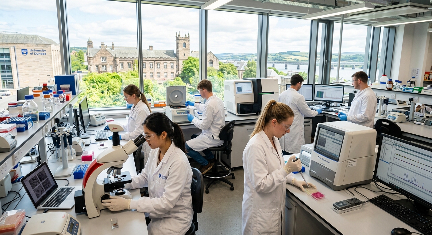 Modern life sciences laboratory at the University of Dundee, students in white lab coats working with microscopes and DNA sequencing equipment, bright natural light streaming through large windows, Scottish campus visible in background