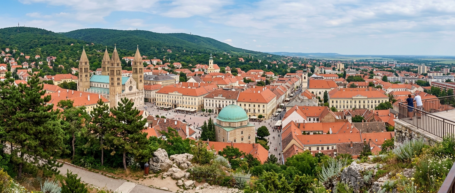Panoramic view of Pécs city center from Mecsek hills, Széchenyi Square visible with Mosque of Pasha Qasim dome, red rooftops, four-towered cathedral, Mediterranean atmosphere, Southern Hungary