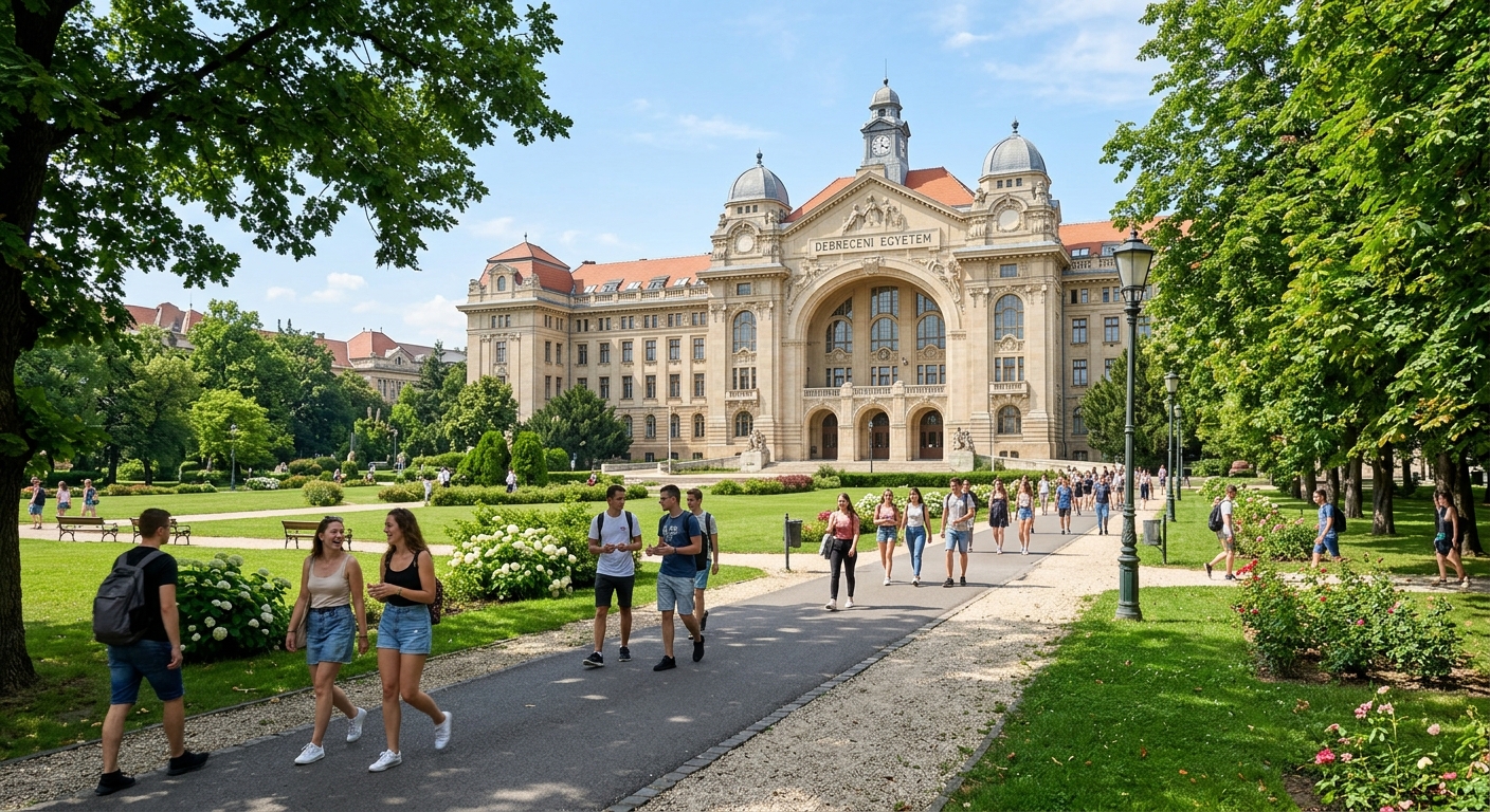 University of Debrecen main building in neo-Baroque style with green campus grounds, students walking along tree-lined paths in Debrecen, Hungary, bright sunny day