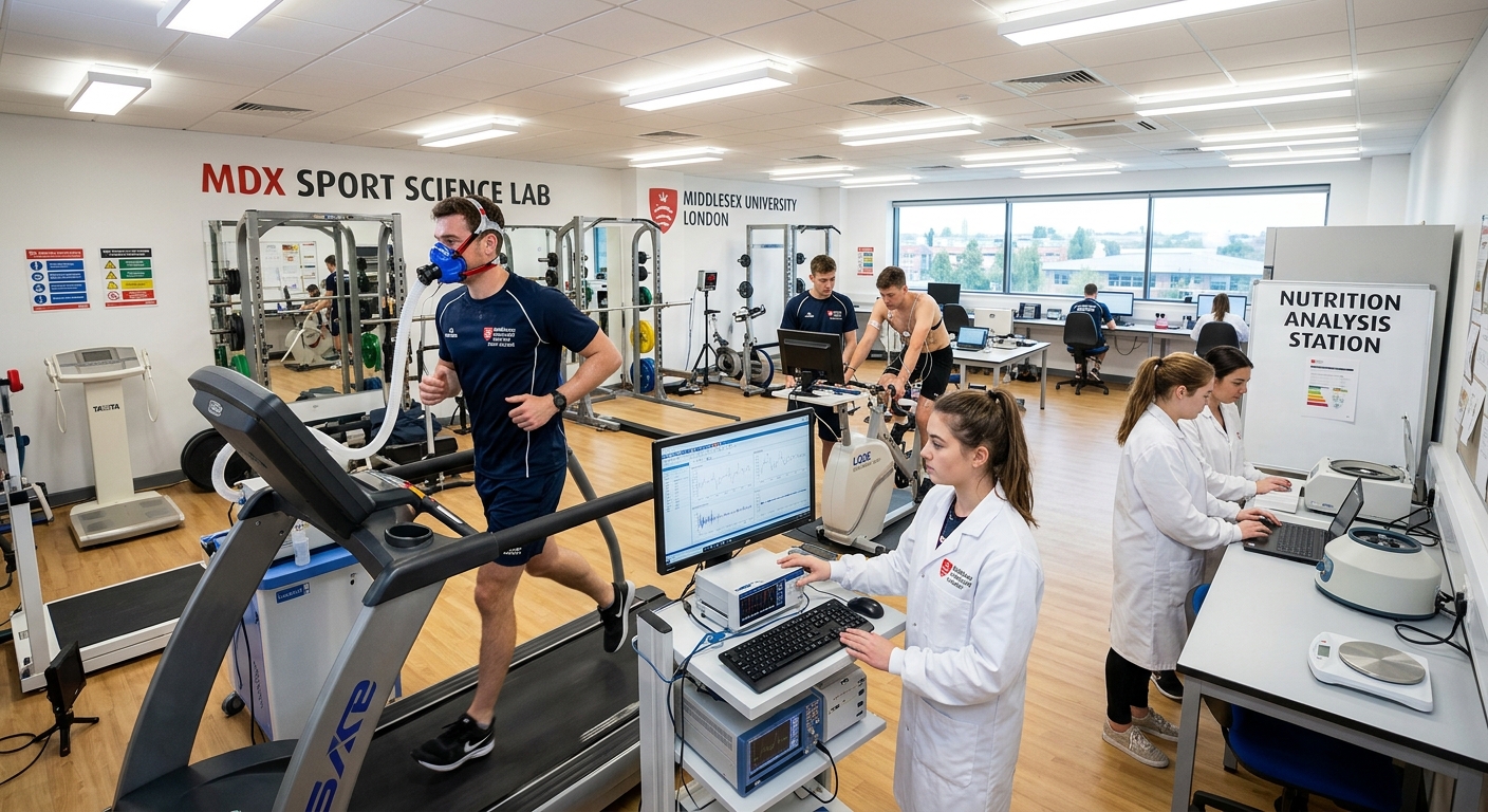 Modern sport science laboratory at Middlesex University with exercise physiology equipment, nutrition analysis stations, and students conducting performance testing under bright professional lighting