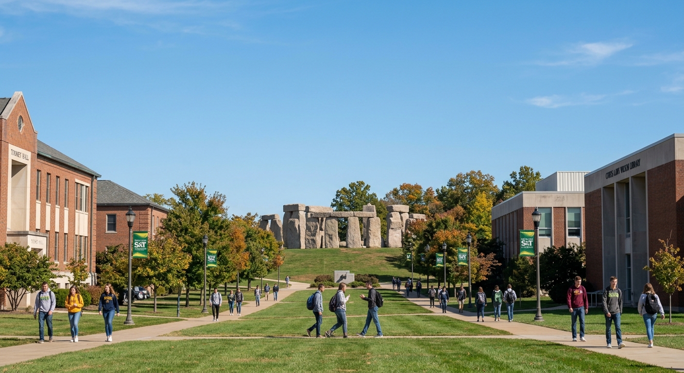 Missouri University of Science and Technology campus in Rolla, Missouri with engineering buildings, students walking on tree-lined paths, and the iconic Stonehenge replica visible in the background under a clear blue sky
