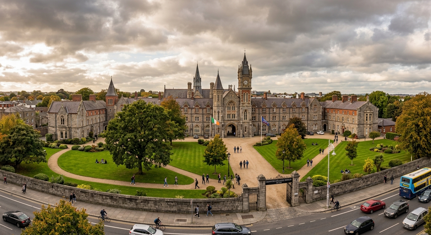 Griffith College Dublin main campus wide shot, historic stone buildings dating back to 1813 surrounded by green lawns on a seven-acre campus, South Circular Road Dublin 8, overcast Irish sky with warm light