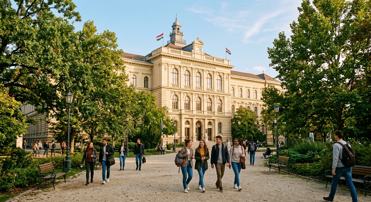 Historic University of Szeged main building with neoclassical architecture, students walking through tree-lined campus paths in Szeged Hungary, warm sunlight, European university atmosphere