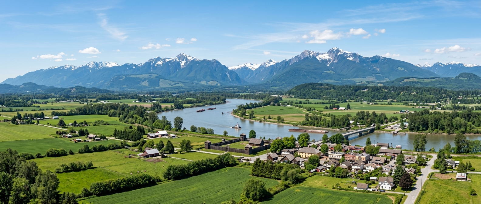 Panoramic view of Langley British Columbia with the Fraser River, lush green farmlands, historic Fort Langley buildings, and the Coast Mountains in the background under a clear sky