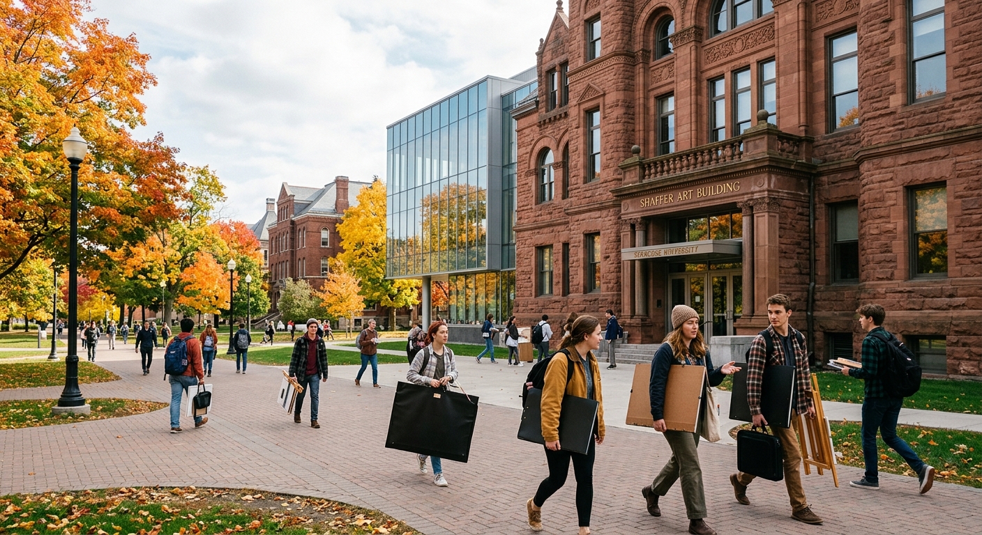 Syracuse University Shaffer Art Building exterior with students carrying art portfolios walking across campus, autumn foliage on trees, historic stone architecture with modern glass additions, natural daylight