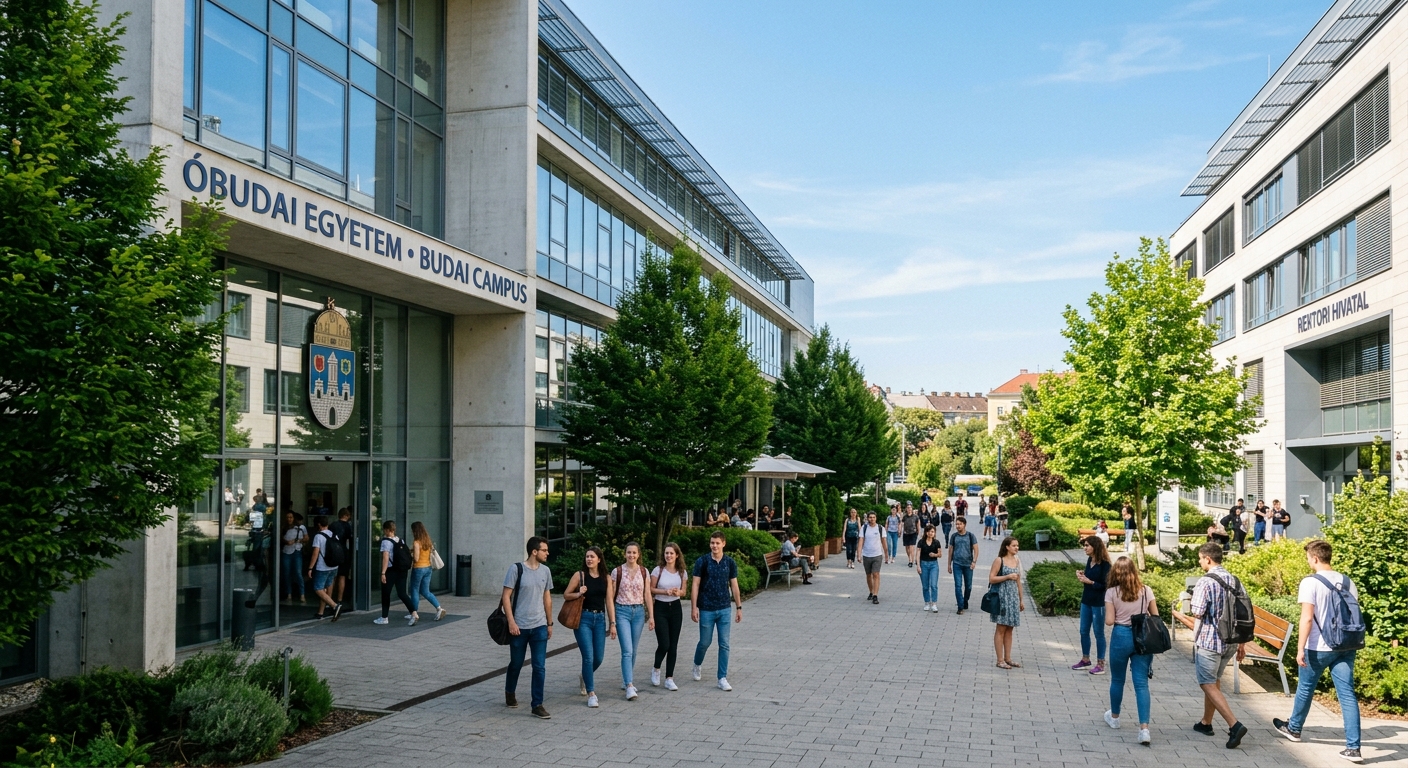 Óbuda University Buda campus main building, modern European university architecture, students walking in courtyard, green trees and clear sky, Budapest 3rd district