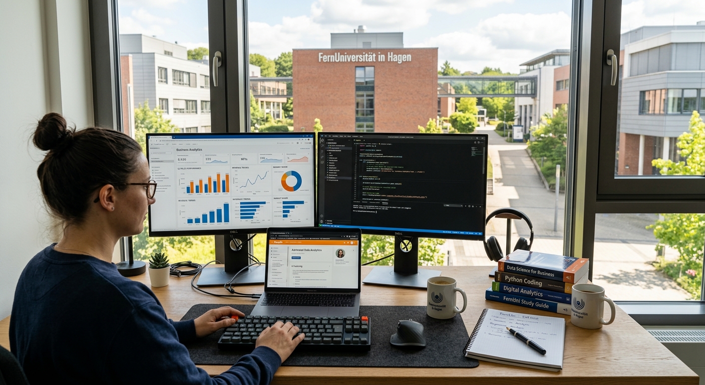 Modern digital workspace with dual monitors showing business analytics dashboards and code, FernUniversität in Hagen campus building in background, distance learning environment with laptop and study materials on desk, warm natural lighting