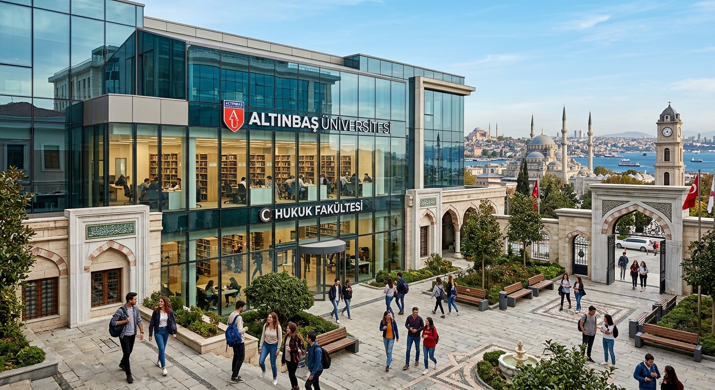 Modern Altinbas University campus building in Istanbul with glass facade, law library interior visible, students walking through courtyard with Turkish architectural elements and city skyline in background