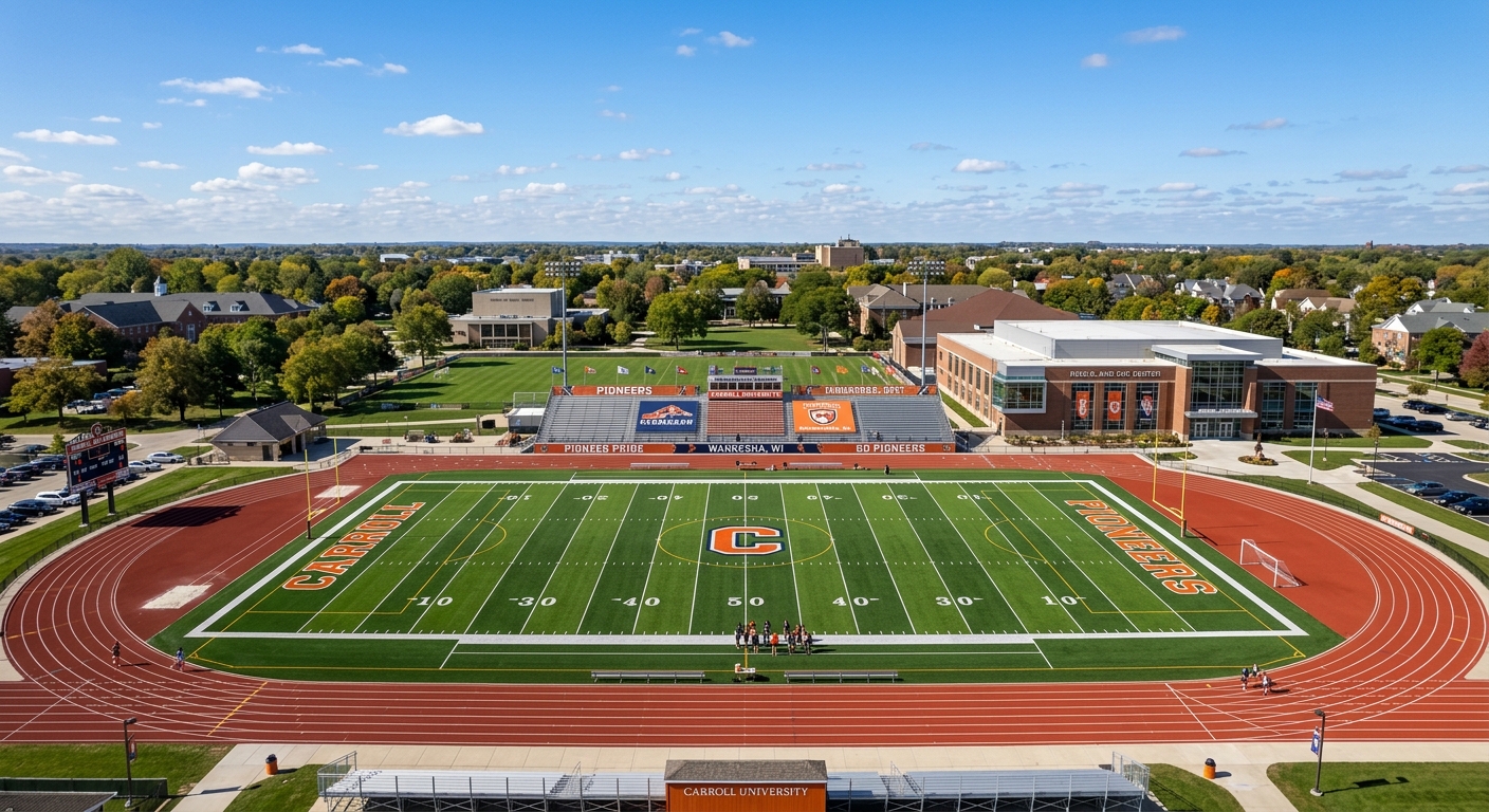 Carroll University athletic fields and recreation center with green turf, track, and Pioneer team banners, blue sky background