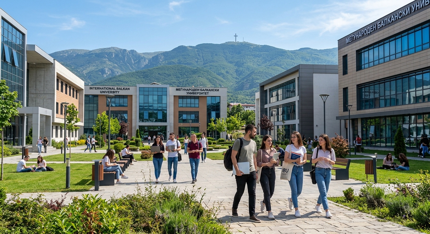 Modern university campus of International Balkan University in Skopje, North Macedonia, featuring contemporary buildings, green courtyards, students walking with laptops, and the Balkan mountain landscape in the background under clear skies