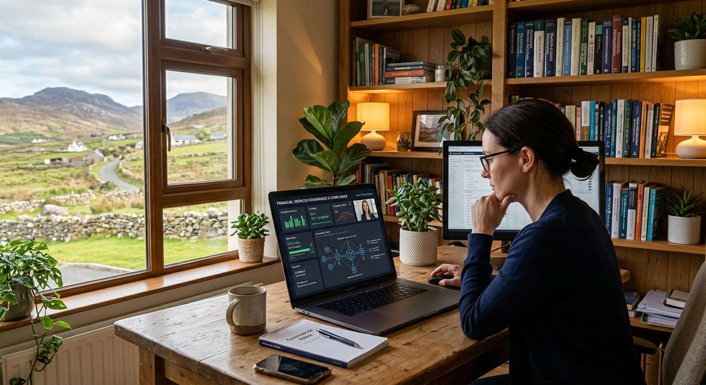 Modern online learning environment with a professional studying financial services governance on a laptop, digital interface showing compliance dashboards and blockchain graphics, cozy home office setting with warm lighting and bookshelves, Donegal Ireland countryside visible through a window