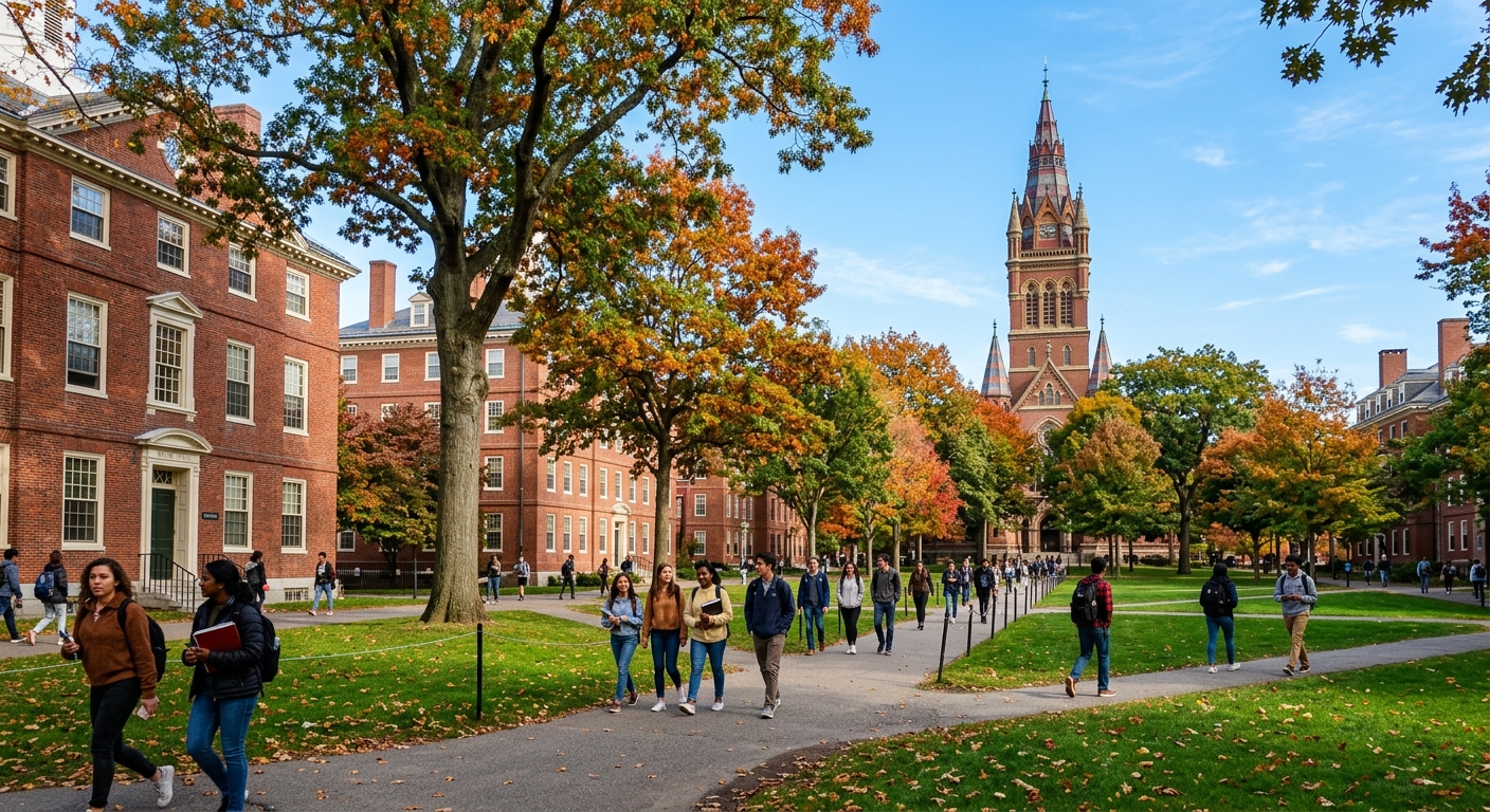 Harvard University campus in Cambridge Massachusetts, red brick buildings with white trim, green lawns and mature trees, students walking along pathways, iconic Memorial Hall tower visible in background, clear autumn sky