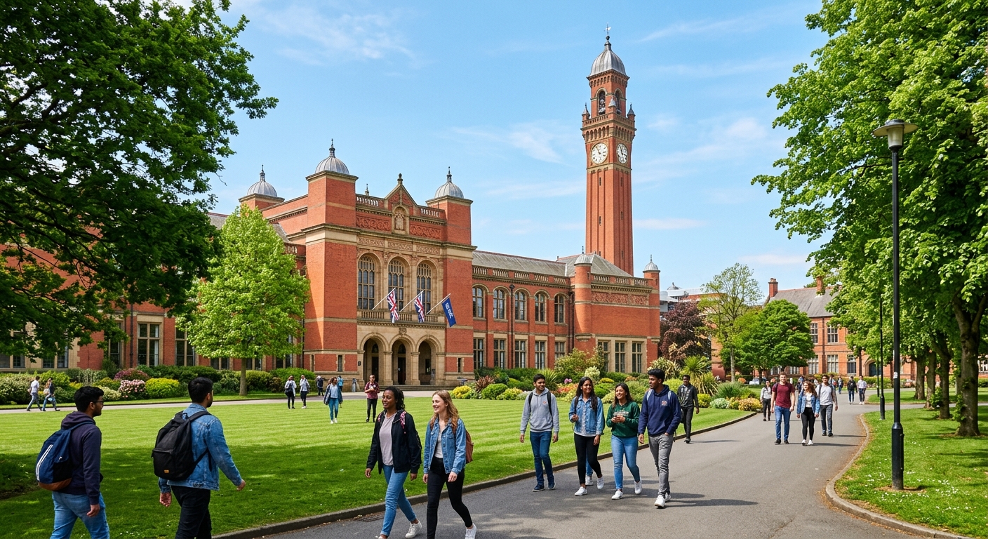 University of Birmingham iconic red-brick Aston Webb building with clock tower (Old Joe) in background, green campus quad, students walking along tree-lined paths on a sunny day