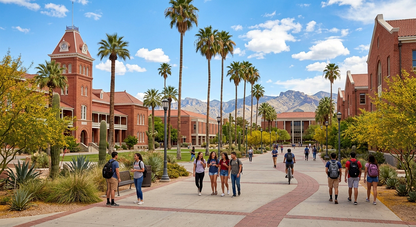 University of Arizona campus in Tucson with red brick buildings, desert landscaping, palm trees, and students walking along pathways under a bright blue Arizona sky with mountains in the background