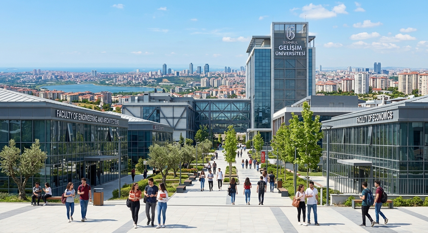 Modern Istanbul Gelisim University campus building in Avcilar district with students walking between faculty buildings, Istanbul cityscape in the background, clear sky, contemporary architecture with glass facades