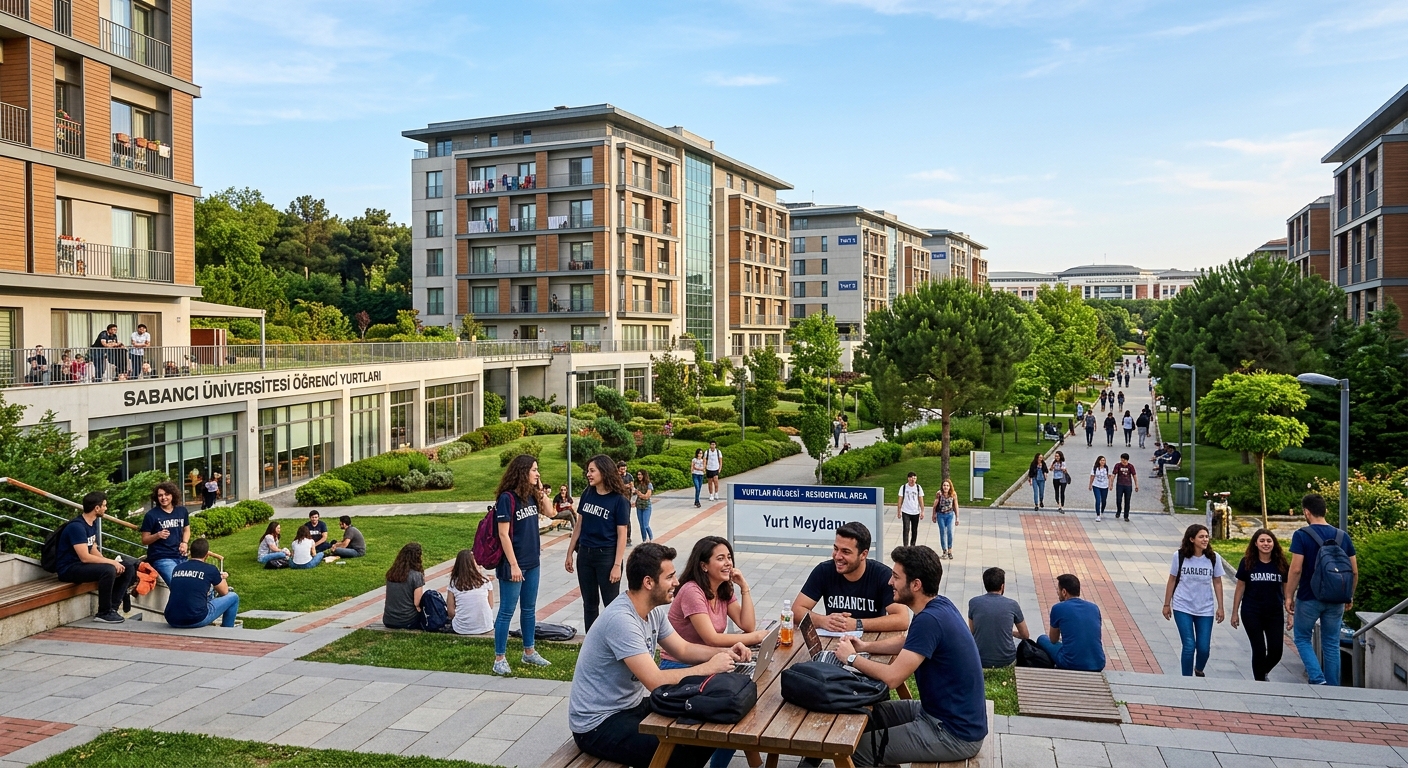 Sabancı University student dormitories and residential area, modern multi-story buildings surrounded by greenery, students socializing in outdoor common areas