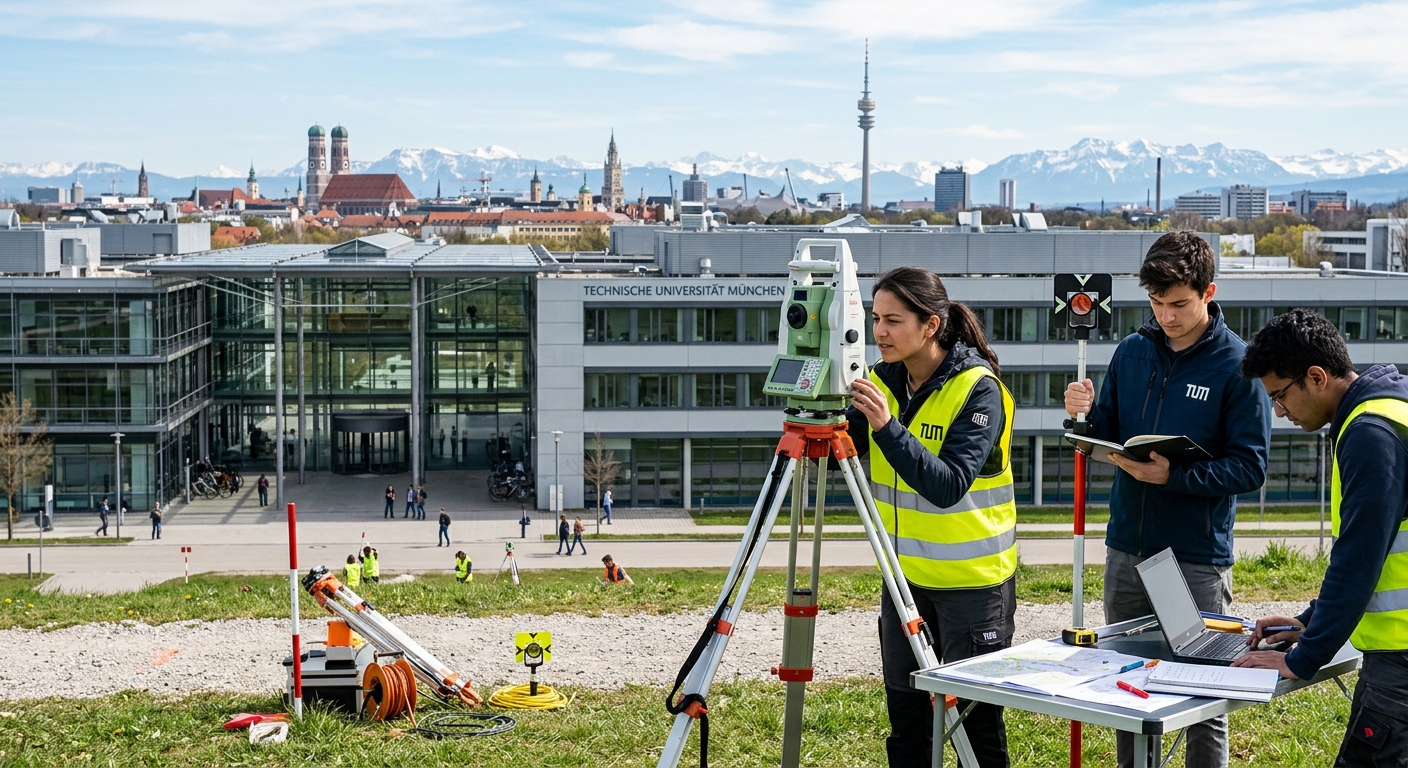Technical University of Munich campus with modern engineering buildings, surveying equipment in foreground, students working with geodetic instruments, Munich skyline with Alps in background, bright daylight