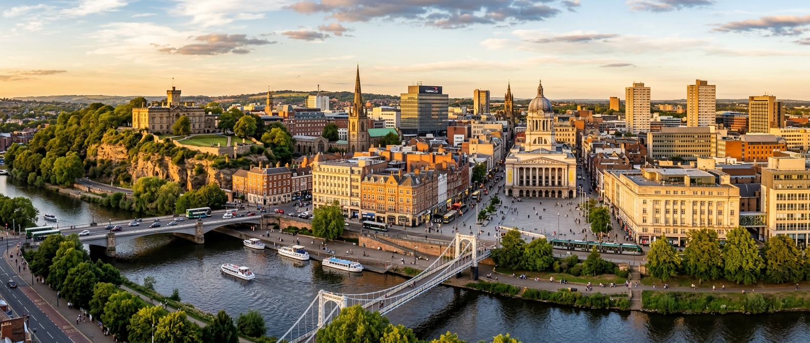 Panoramic view of Nottingham city skyline featuring the historic Nottingham Castle on the hilltop, Old Market Square with its Council House dome, River Trent in the foreground, mix of historic and modern architecture, vibrant city atmosphere at golden hour