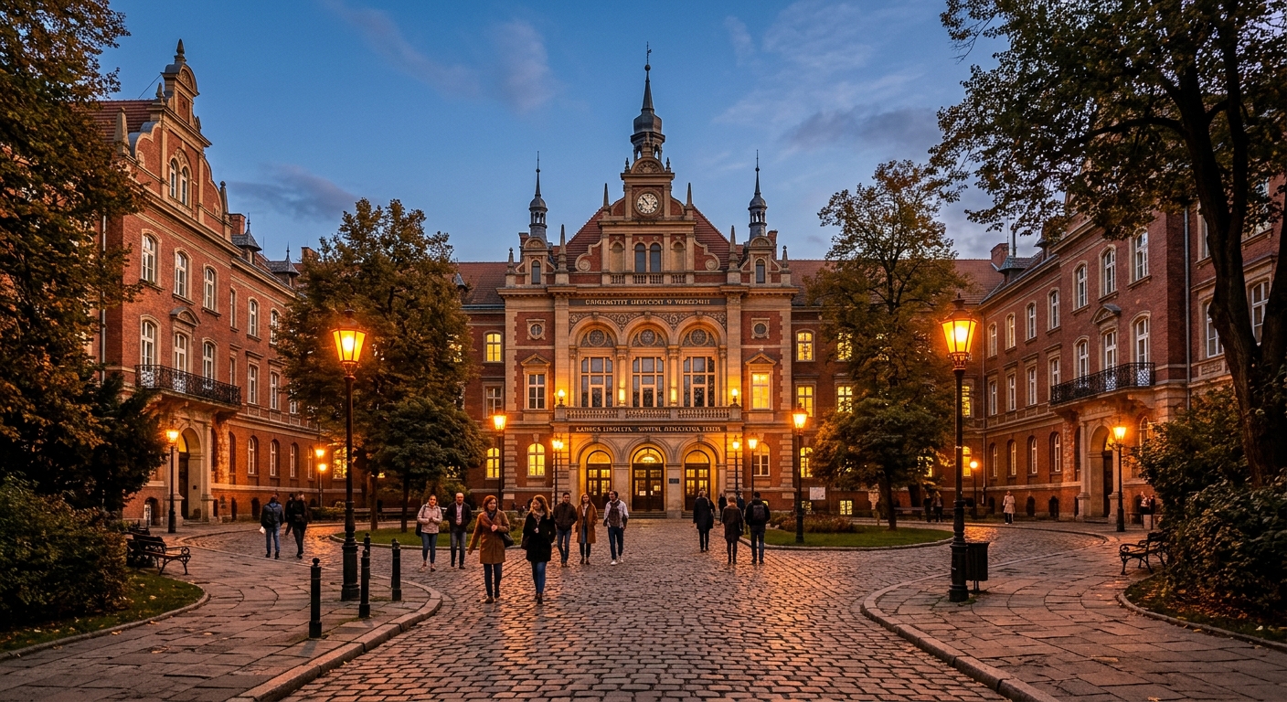 Lindleya Campus historic buildings of Medical University of Warsaw, 19th century architecture, Infant Jesus Hospital complex, cobblestone pathways, warm lighting