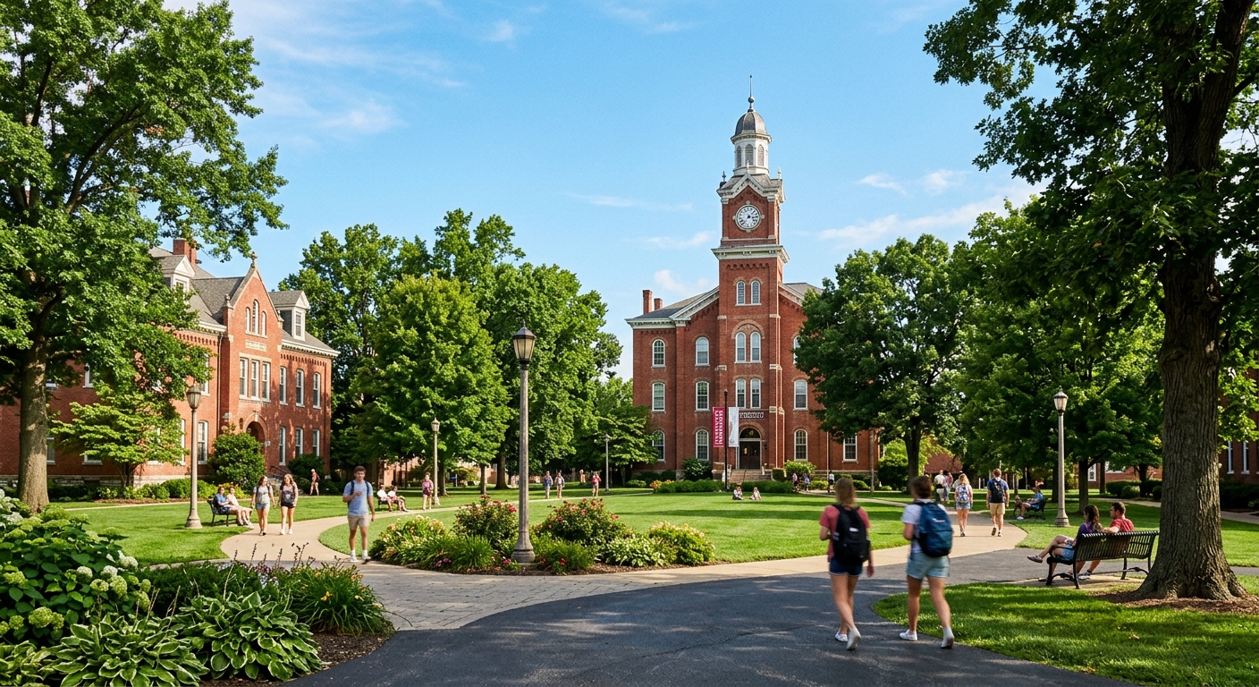 McKendree University campus in Lebanon, Illinois, historic red-brick academic buildings surrounded by mature trees, green lawns, and walking paths under a clear blue sky