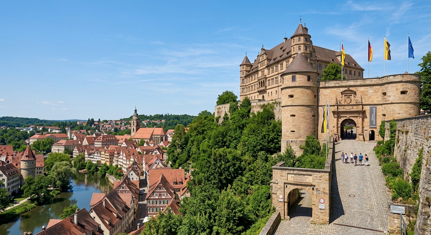 Schloss Hohentübingen castle perched on a hilltop above the old town of Tübingen, Renaissance architecture, university museum entrance, clear blue sky