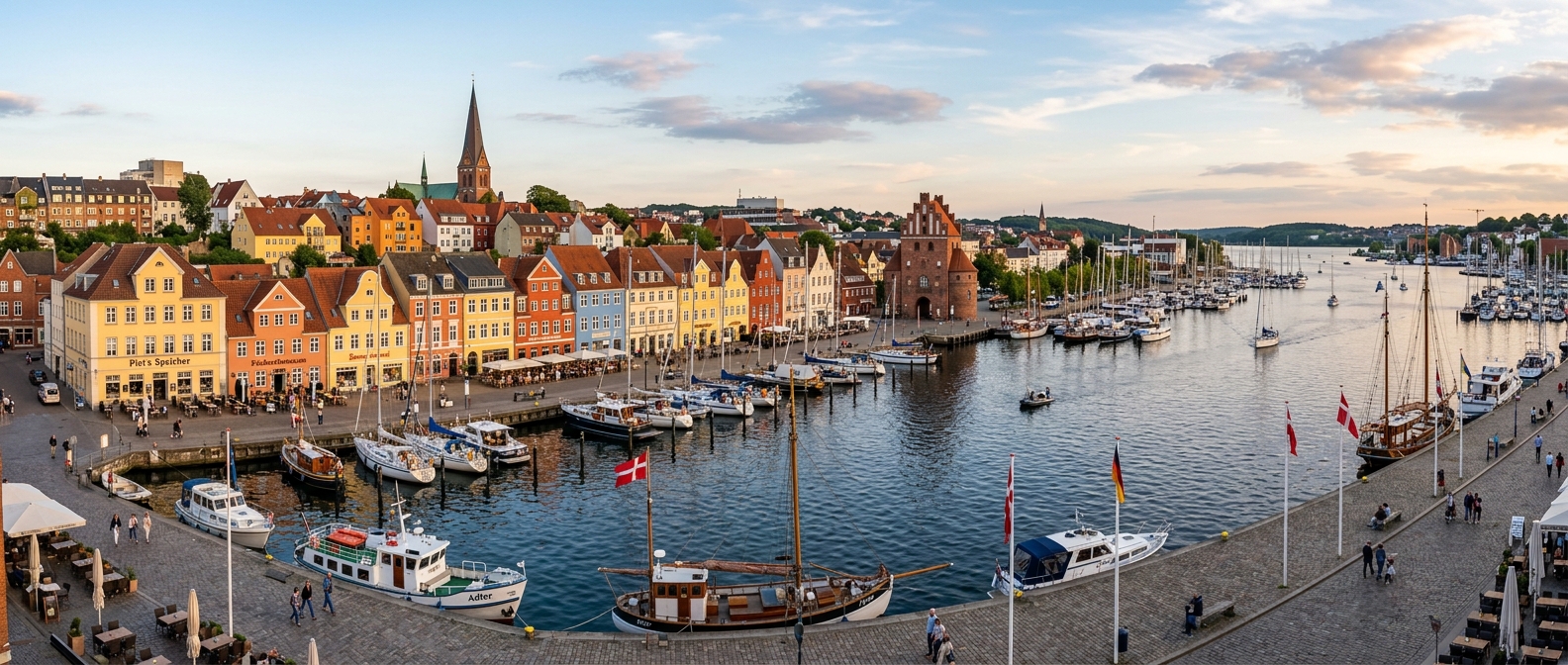 Panoramic view of Flensburg harbor with colorful historic buildings along the waterfront, sailing boats in the fjord, and the Nordertor city gate visible in the background