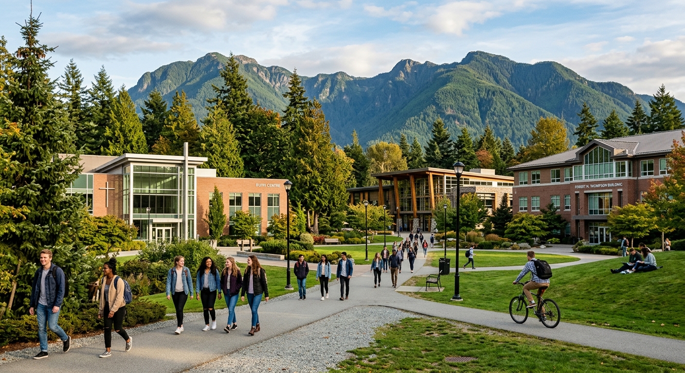 Trinity Western University campus in Langley, British Columbia, with lush green mountains in the background, modern academic buildings surrounded by tall trees, students walking on pathways in warm natural light