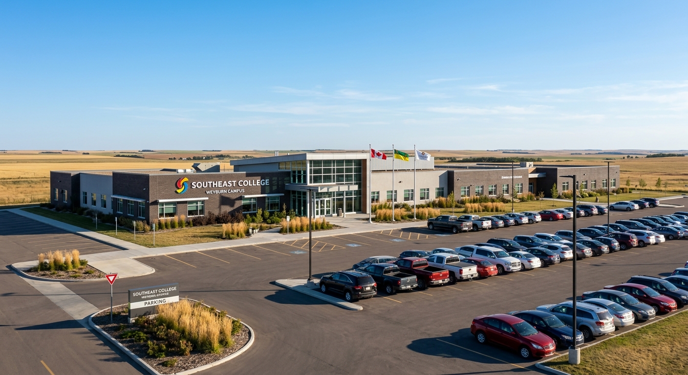 Southeast College Weyburn campus building exterior, modern single-story educational facility, wide parking lot, Saskatchewan prairie setting, clear sky