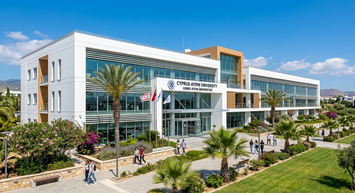 Modern Cyprus Aydin University main academic building with white facade, large glass windows, palm trees and Mediterranean landscaping under clear blue sky