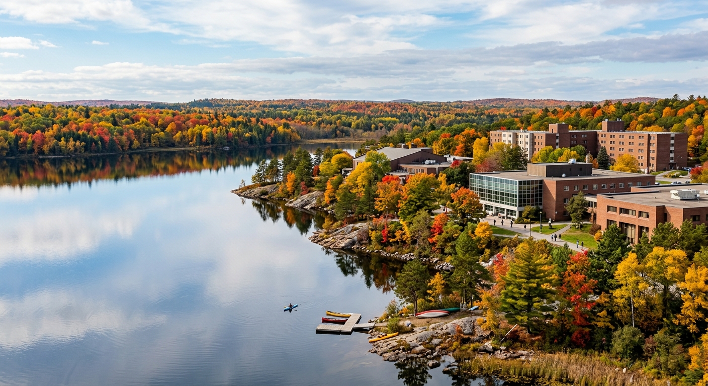 Laurentian University campus buildings along the shore of Ramsey Lake with autumn foliage, boreal forest, and a calm lake reflecting the sky