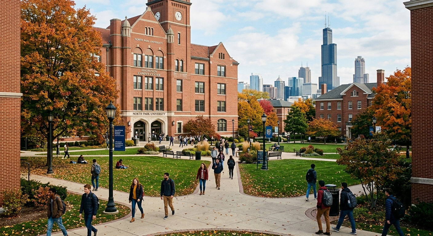 North Park University campus in Chicago with historic brick buildings, green courtyard, students walking near the Magnuson Campus Center, autumn trees, urban skyline in background