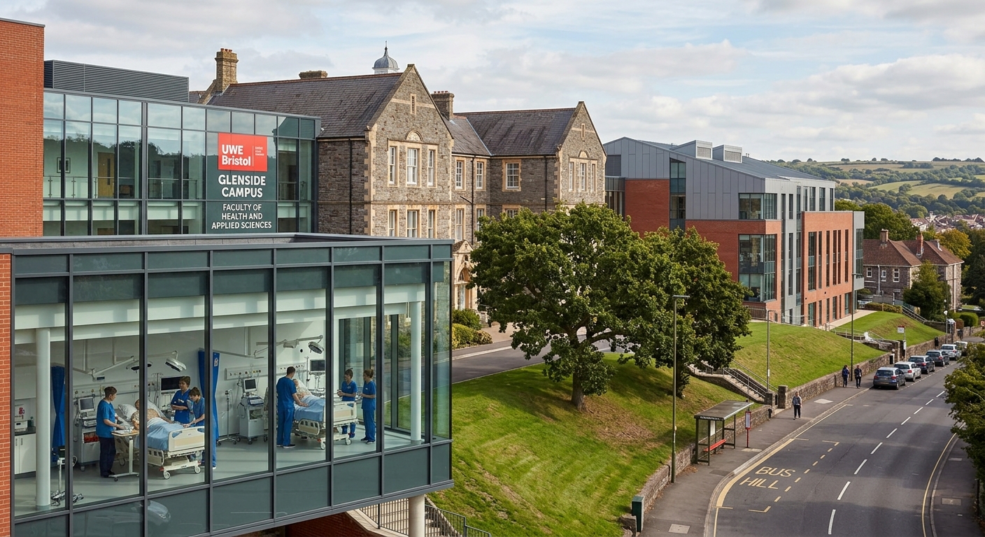 UWE Bristol Glenside Campus Victorian-era buildings with modern extensions, set on Blackberry Hill in Fishponds, Bristol, with healthcare simulation labs visible