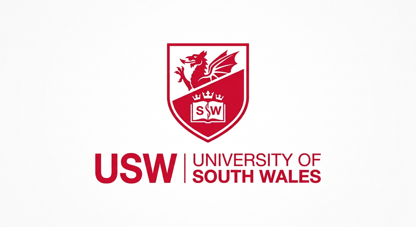 University of South Wales official logo, red and white shield emblem with USW text, modern university branding on white background