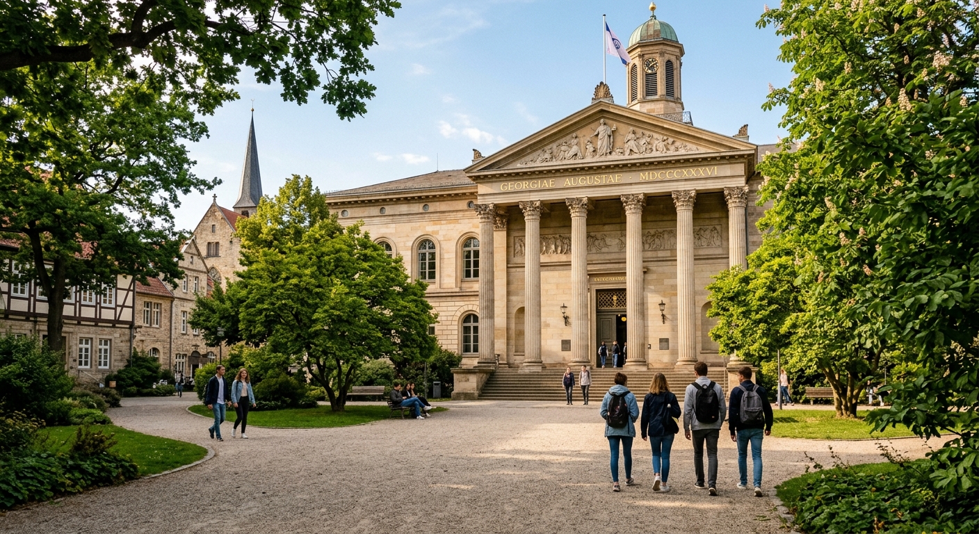 University of Göttingen Aula am Wilhelmsplatz main building, neoclassical architecture with columned entrance, historic German university campus, lush green courtyard, students walking, warm daylight