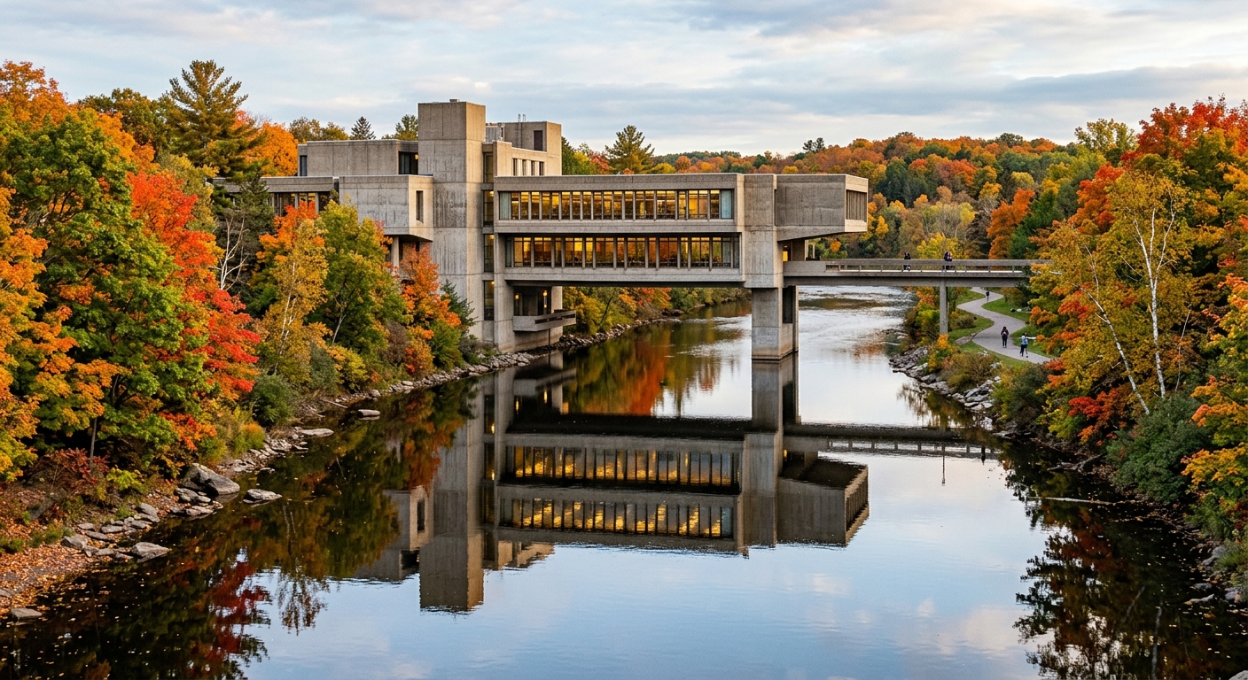 Trent University Bata Library building spanning the Otonabee River, brutalist concrete architecture with large windows reflecting on the water, surrounded by autumn trees