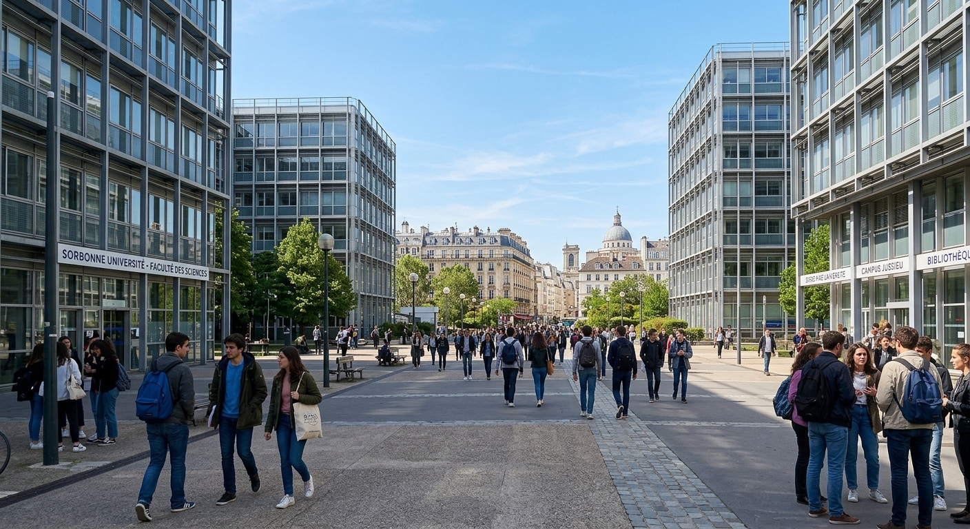 Sorbonne University Jussieu Campus in Paris with modern science and engineering buildings, students walking through courtyard, Parisian architecture visible in background, clear sky