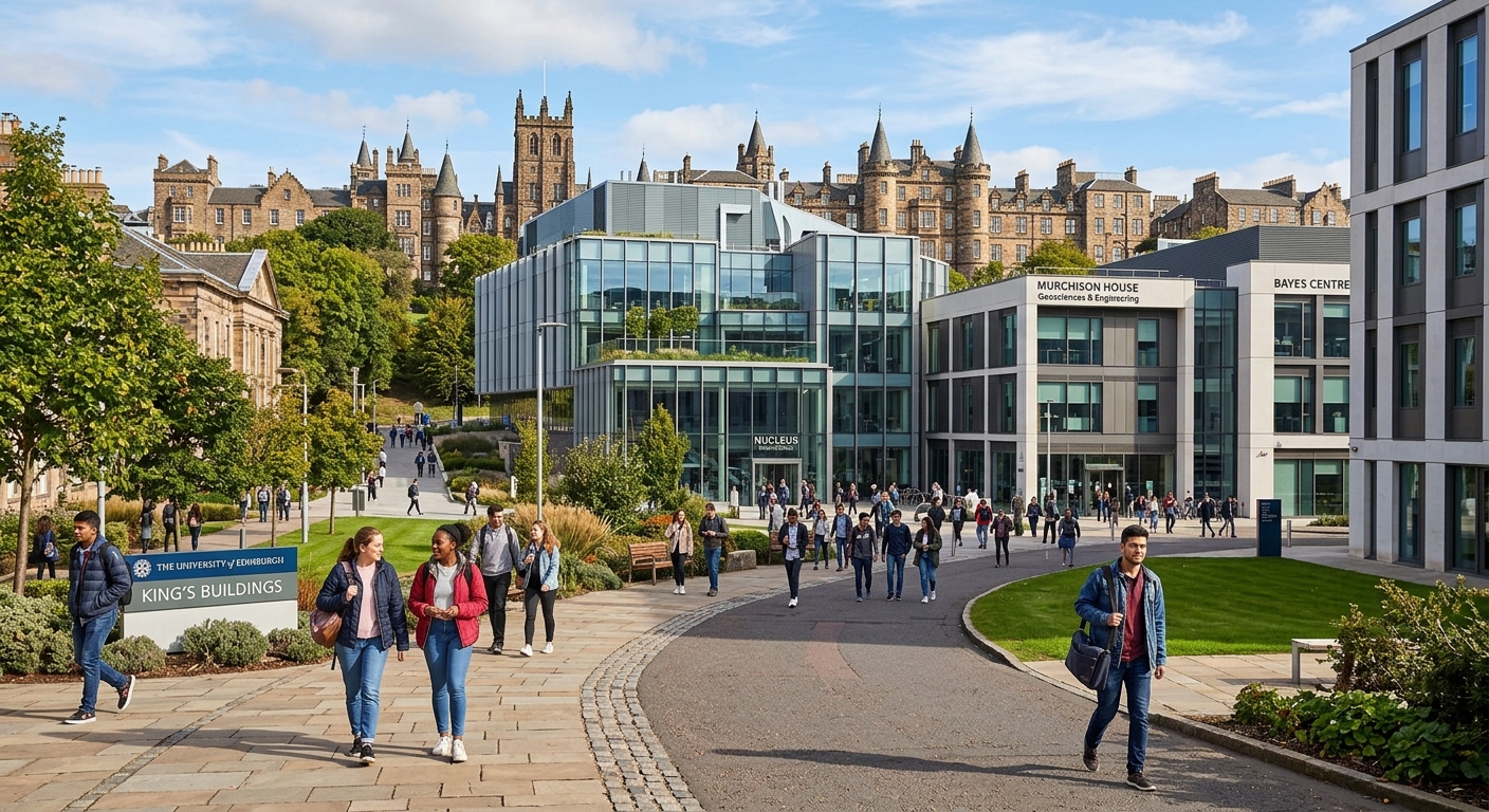 University of Edinburgh King's Buildings campus with modern engineering laboratories, historic stone architecture in the background, students walking between buildings on a sunny day in Edinburgh, Scotland